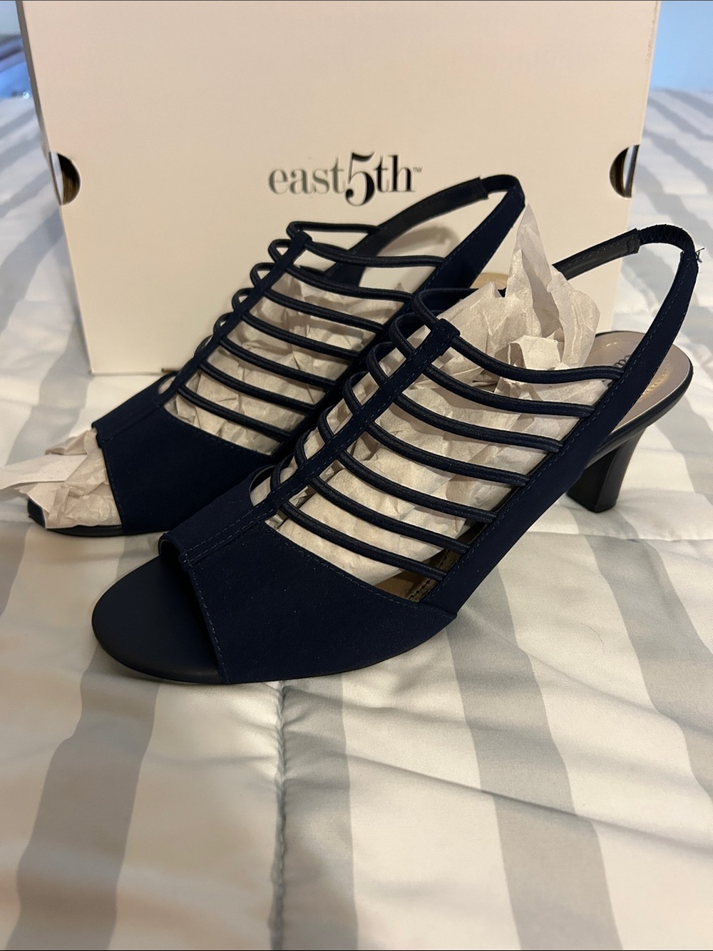 East 5th Navy Multi-Strap Slingback Heels